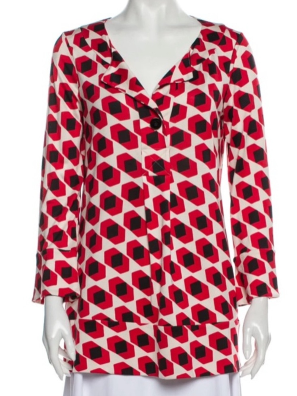 Diane Von Furstenberg Red, Black & White Geometric Long-Sleeve Top